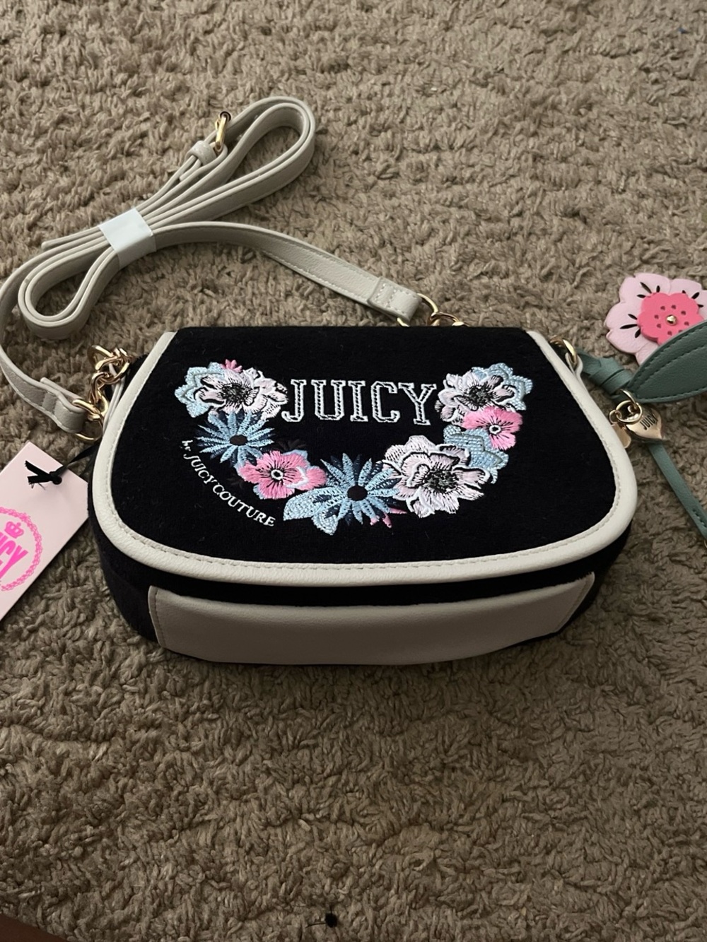 Juicy Couture Black with Cream Trim Floral Embroidered Crossbody
